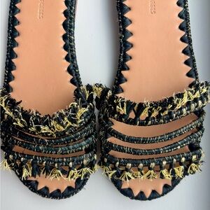 Carrie Forbes Mars Raffia Woven Sandals Black & Gold NEW